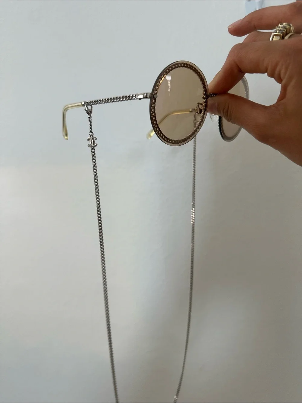 CHANEL Round Silver Chain Trim Sunglasses with Removable Chain Interlocking CC